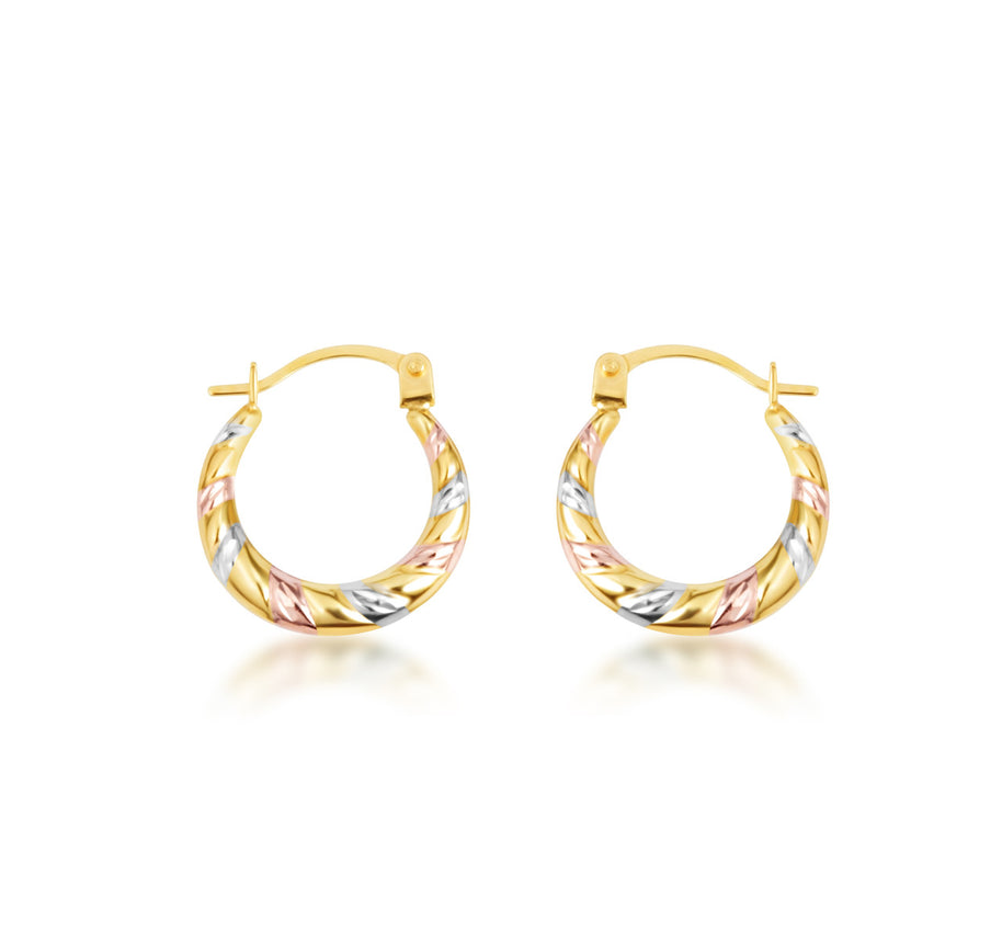 14K Tri-Color Gold Striped Diamond Cut Huggie Hoop Earrings