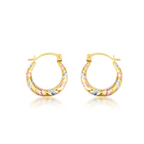 14K Tri-Color Gold Striped Diamond Cut Huggie Hoop Earrings