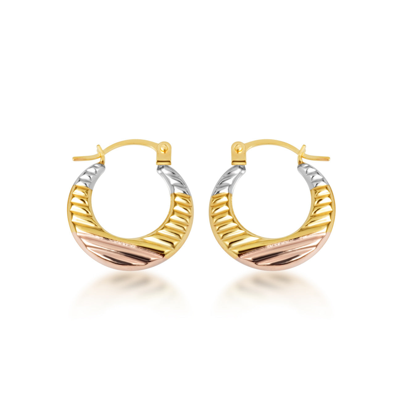 14K Tri-Color Gold Ribbed Diamond Cut Huggie Hoop Earrings