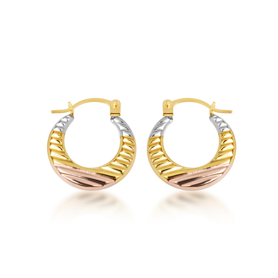 14K Tri-Color Gold Ribbed Diamond Cut Huggie Hoop Earrings