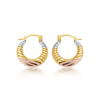 14K Tri-Color Gold Ribbed Diamond Cut Huggie Hoop Earrings