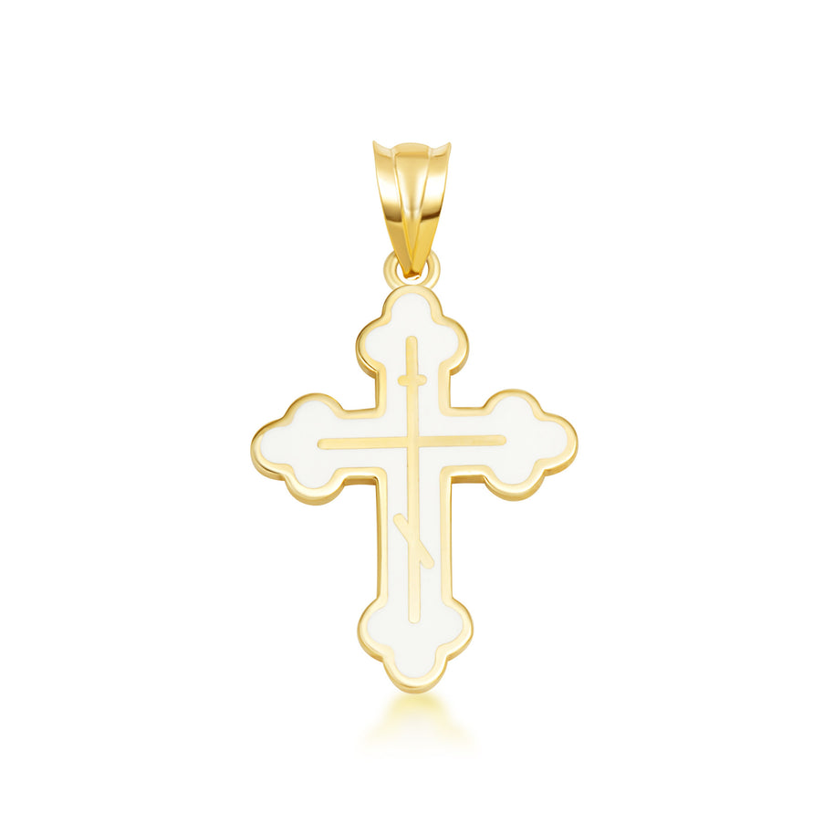 Yellow Gold Custom Enamel Russian Orthodox Cross Pendant Necklace
