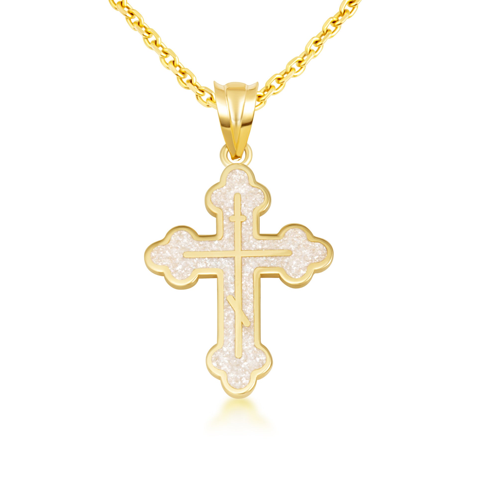 Yellow Gold Custom Enamel Russian Orthodox Cross Pendant Necklace