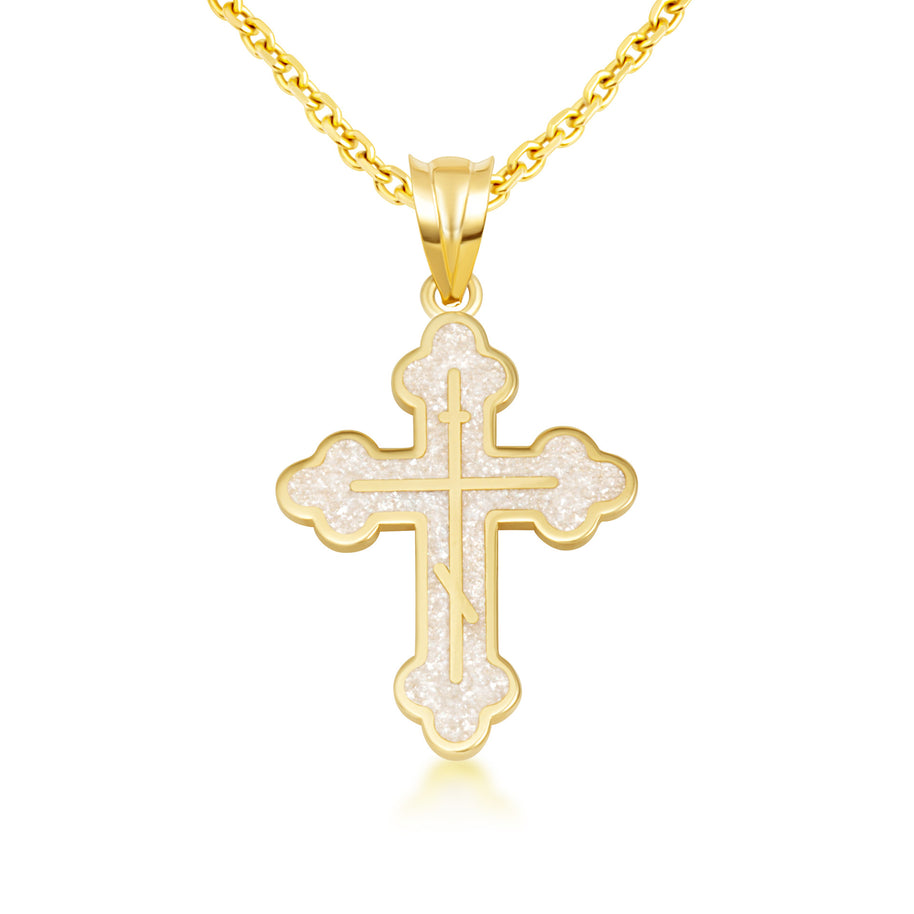 Yellow Gold Custom Enamel Russian Orthodox Cross Pendant Necklace