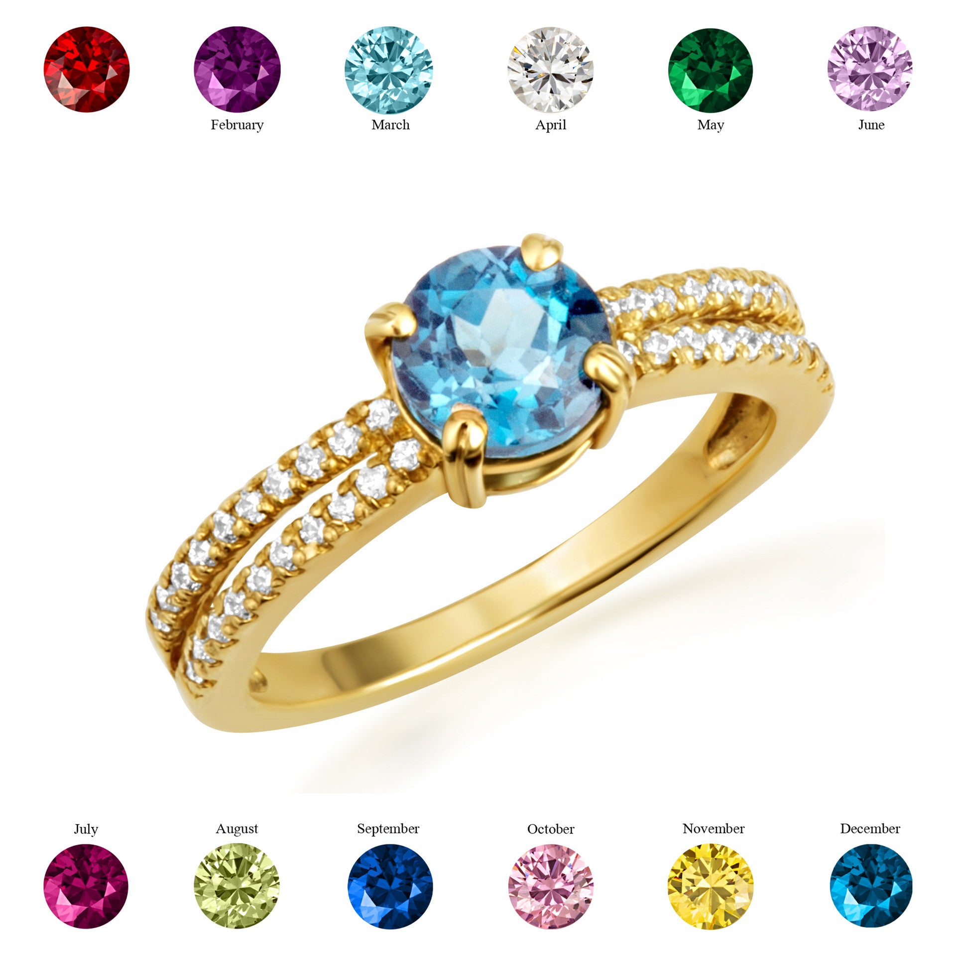 Solid Gold Cubic Zirconia Birthstone Double Band Diamond Engagement Ring (Available in Yellow/Rose/White Gold)