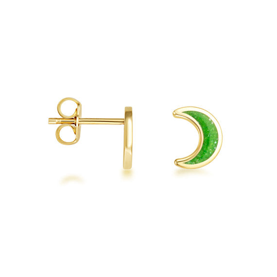 Yellow Gold Custom Enamel Moon Stud Earrings
