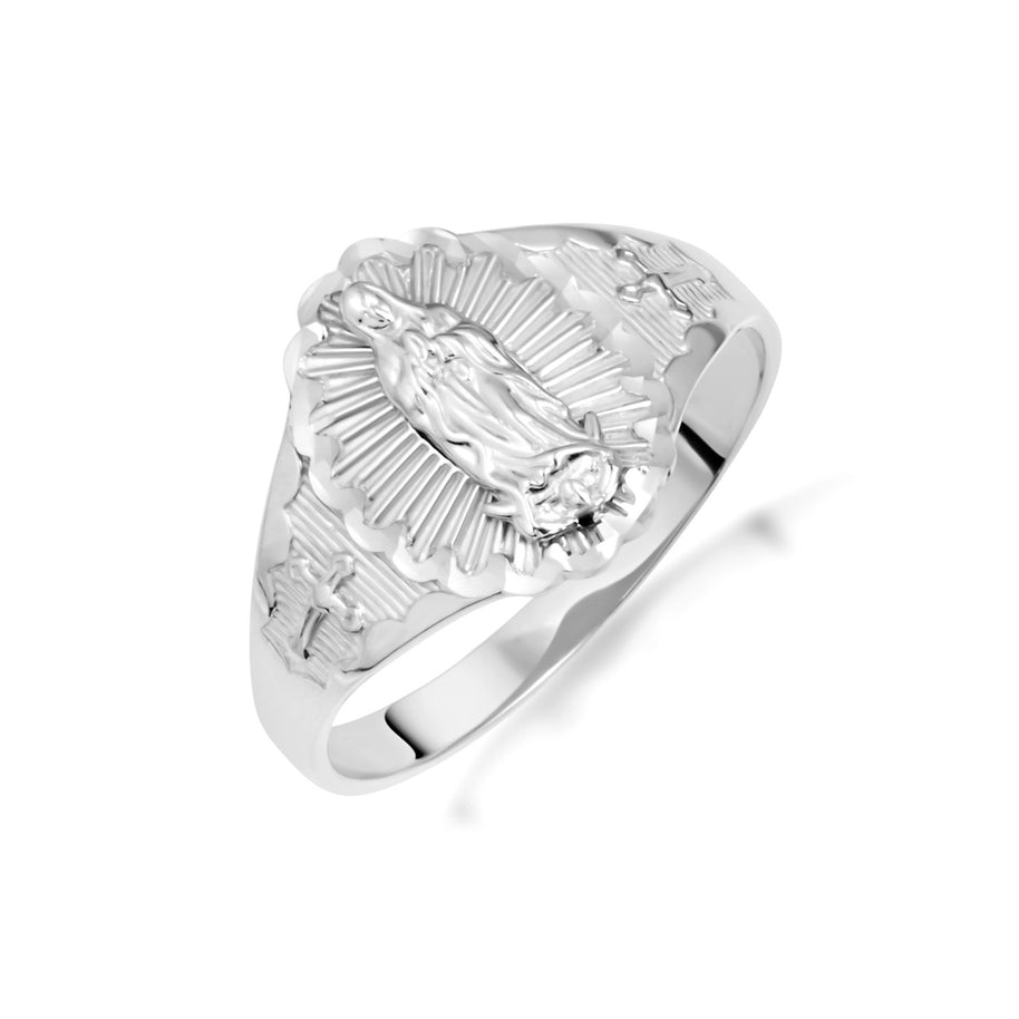 .925 Sterling Silver Diamond Cut Our Lady of Guadalupe Cross Oval Signet Ring