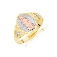 Tri-Color Gold Diamond Cut Our Lady of Guadalupe Cross Oval Signet Ring