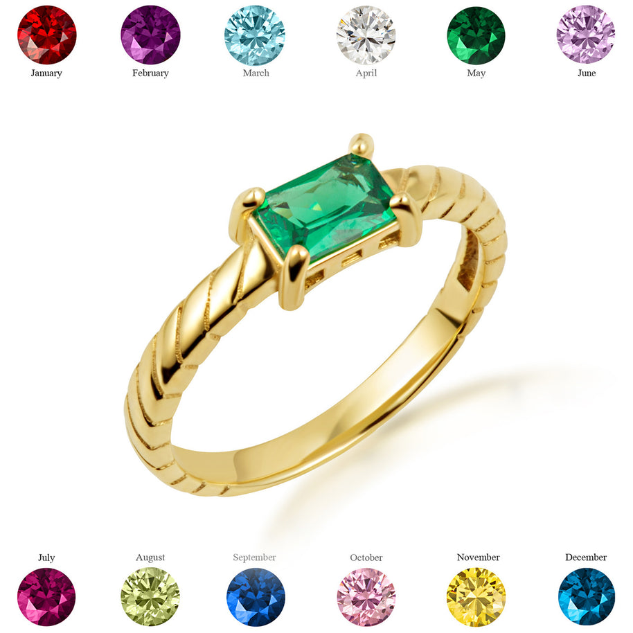Gold Emerald Cut Cubic Zirconia Birthstone Striped Ring (Available in Yellow/Rose/White Gold)