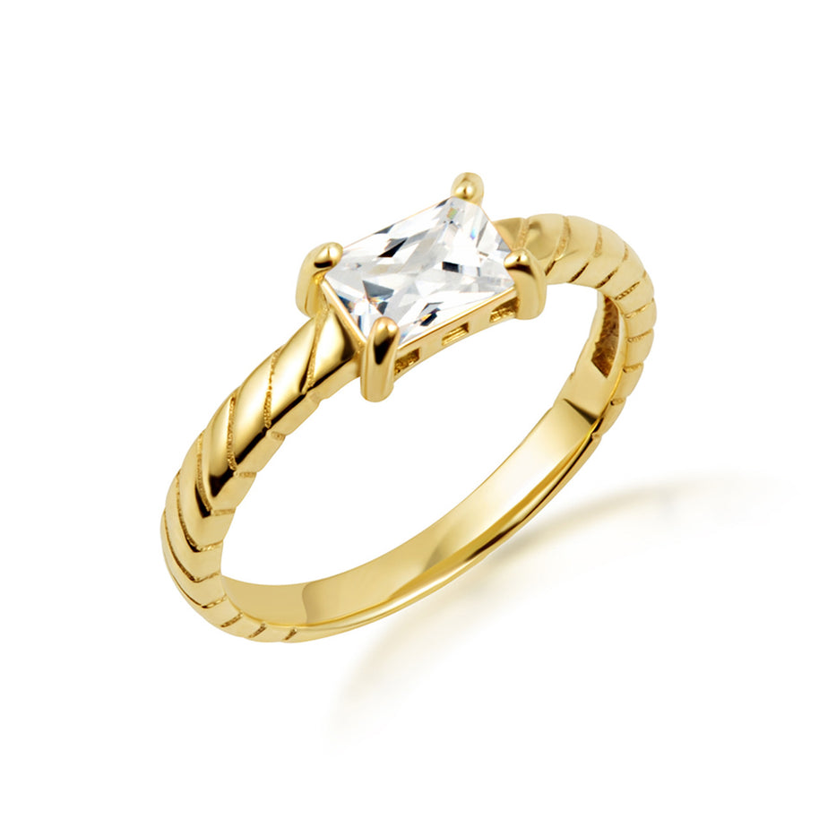 Gold Emerald Cut Cubic Zirconia Birthstone Striped Ring (Available in Yellow/Rose/White Gold)