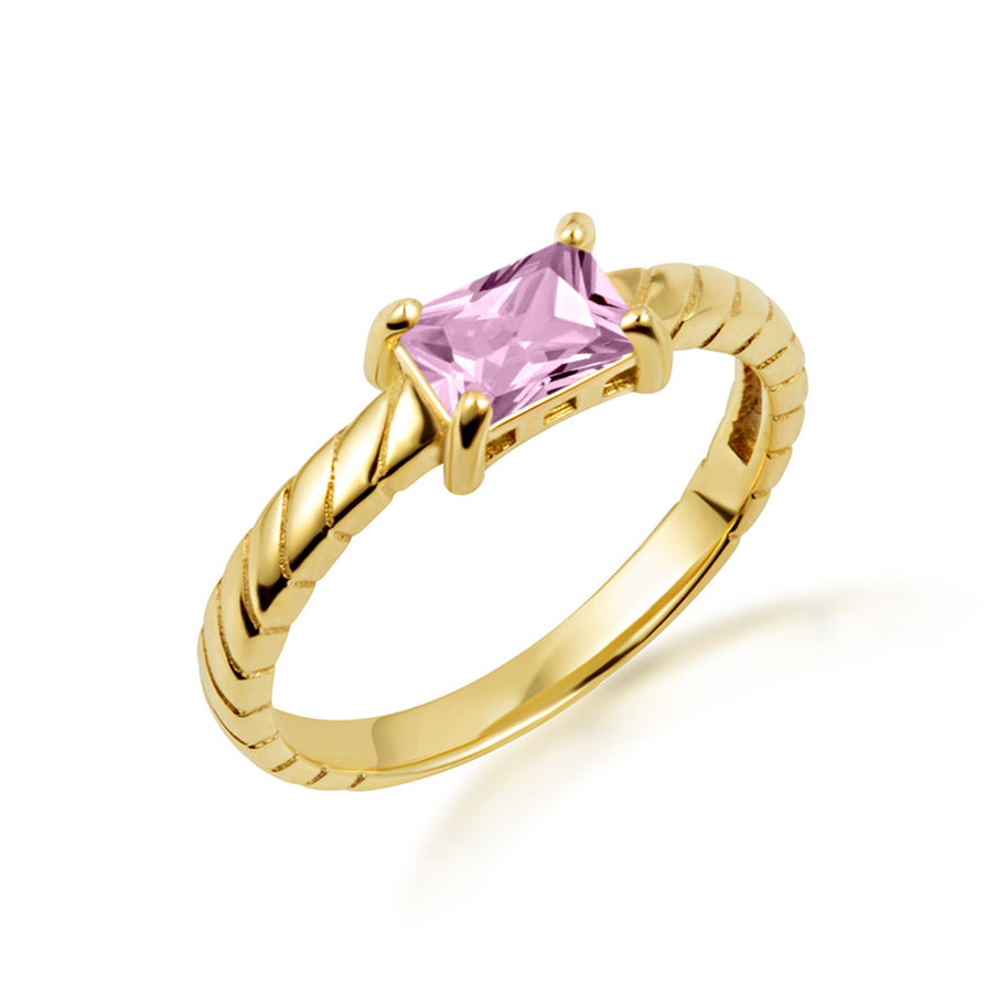 Gold Emerald Cut Cubic Zirconia Birthstone Striped Ring (Available in Yellow/Rose/White Gold)