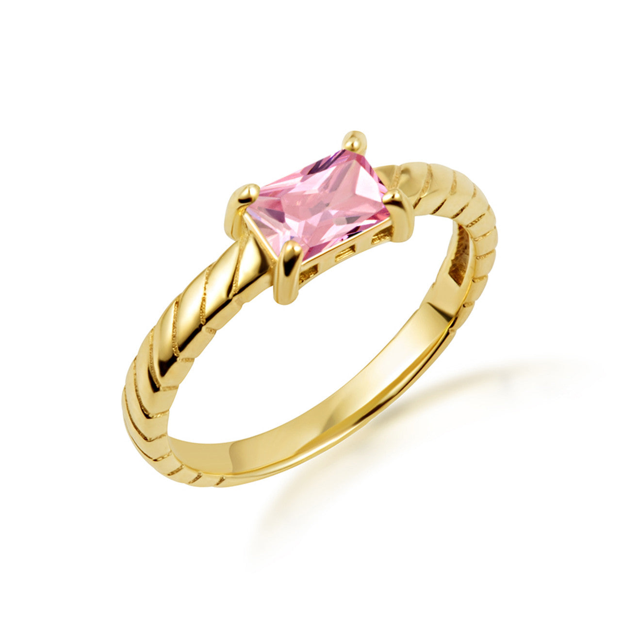 Gold Emerald Cut Cubic Zirconia Birthstone Striped Ring (Available in Yellow/Rose/White Gold)