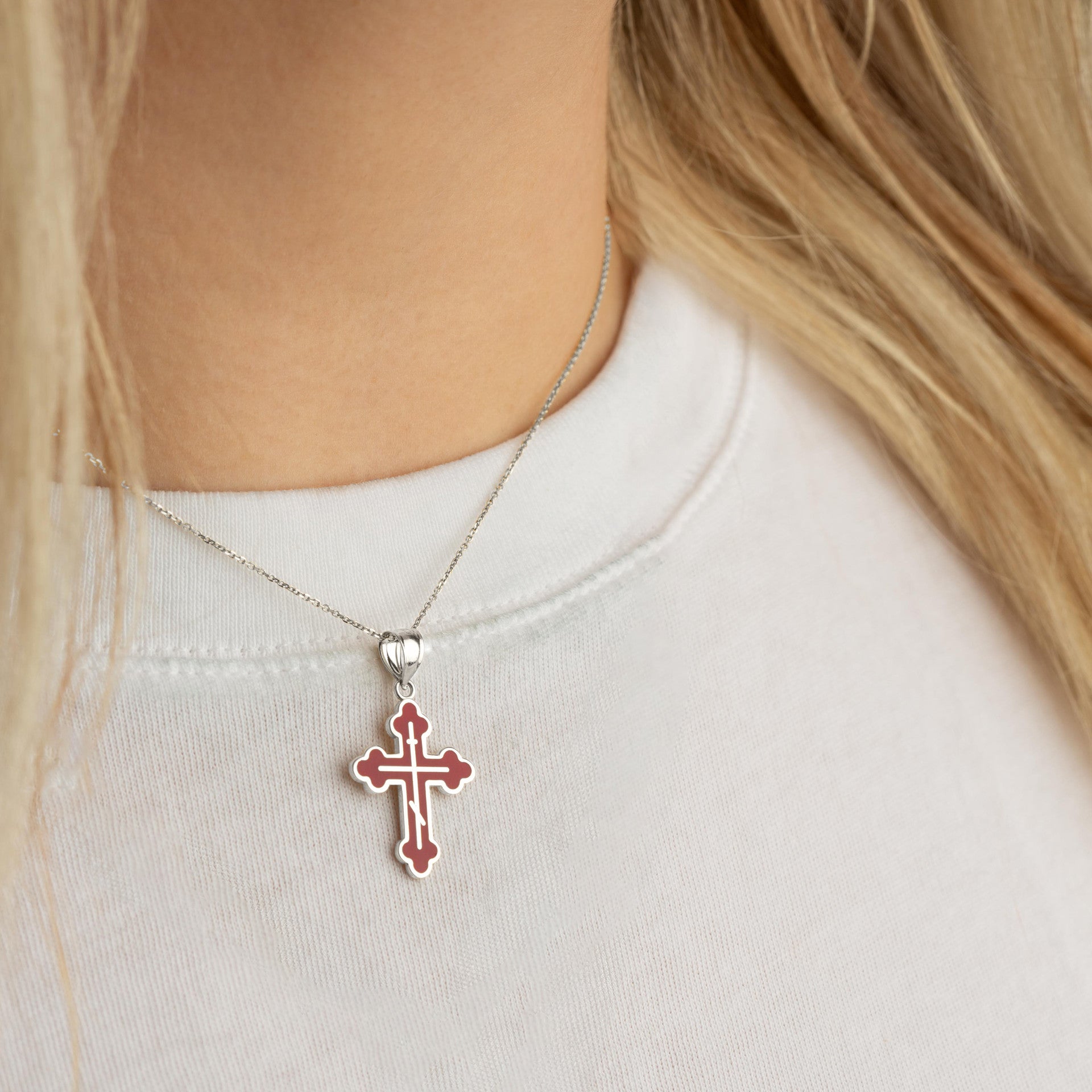 .925 Sterling Silver Custom Enamel Russian Orthodox Cross Pendant Necklace