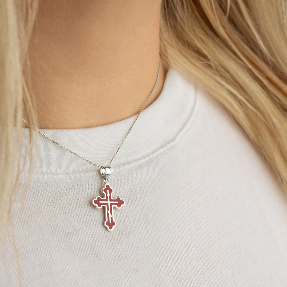 .925 Sterling Silver Custom Enamel Russian Orthodox Cross Pendant Necklace