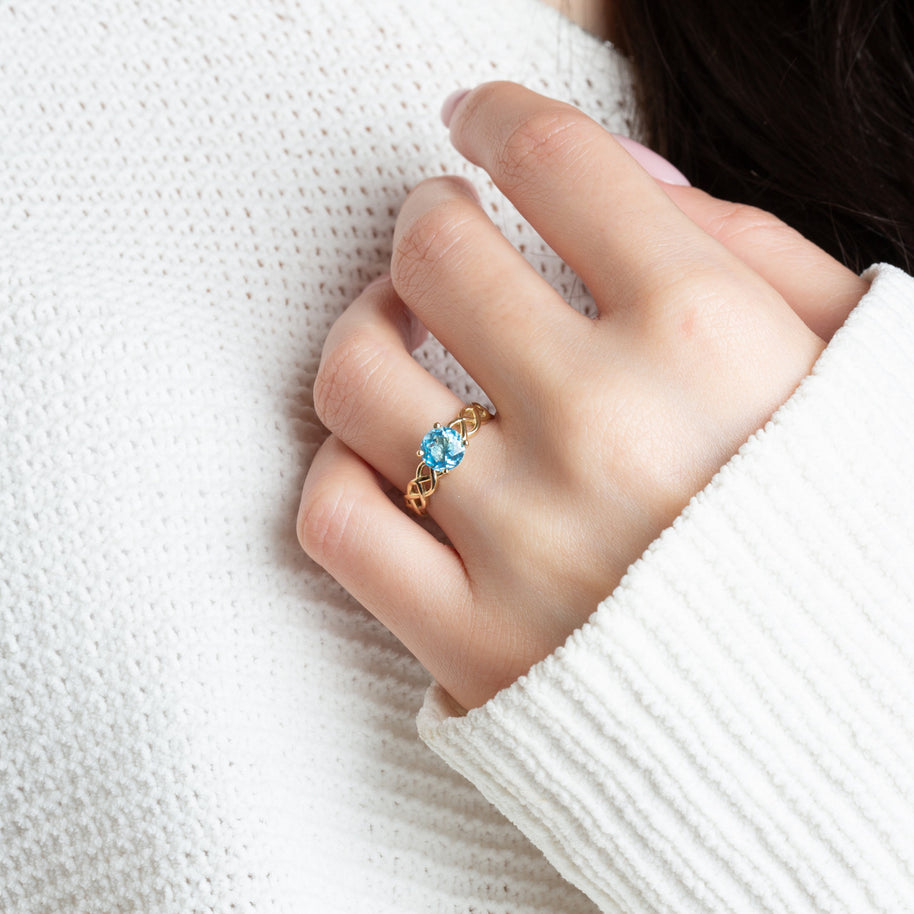 Gold Genuine Round Gemstone Trinity Knot Claddagh Ring (Available in Yellow/Rose/White Gold)