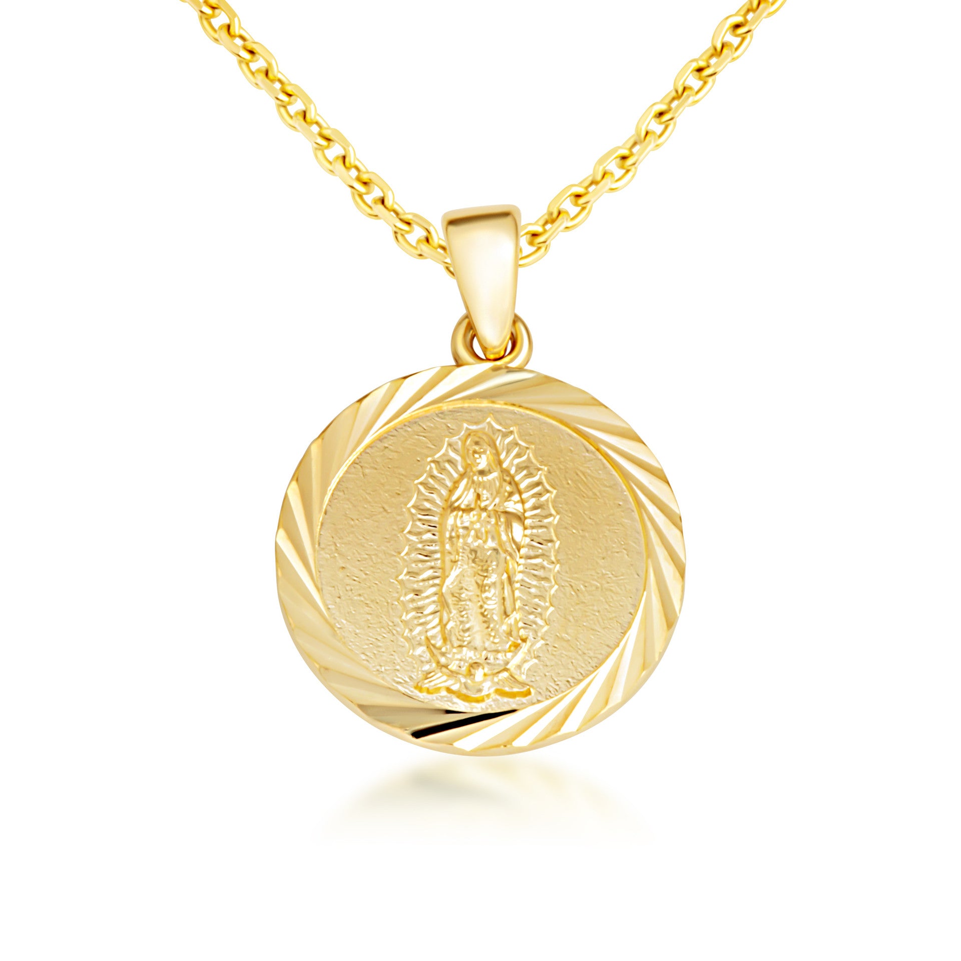 Yellow Gold Diamond Cut Our Lady of Guadalupe Medallion Pendant Necklace