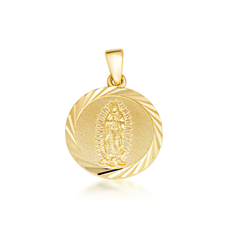 Yellow Gold Diamond Cut Our Lady of Guadalupe Medallion Pendant Necklace