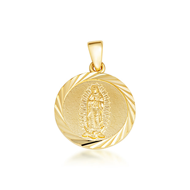 Yellow Gold Diamond Cut Our Lady of Guadalupe Medallion Pendant Necklace