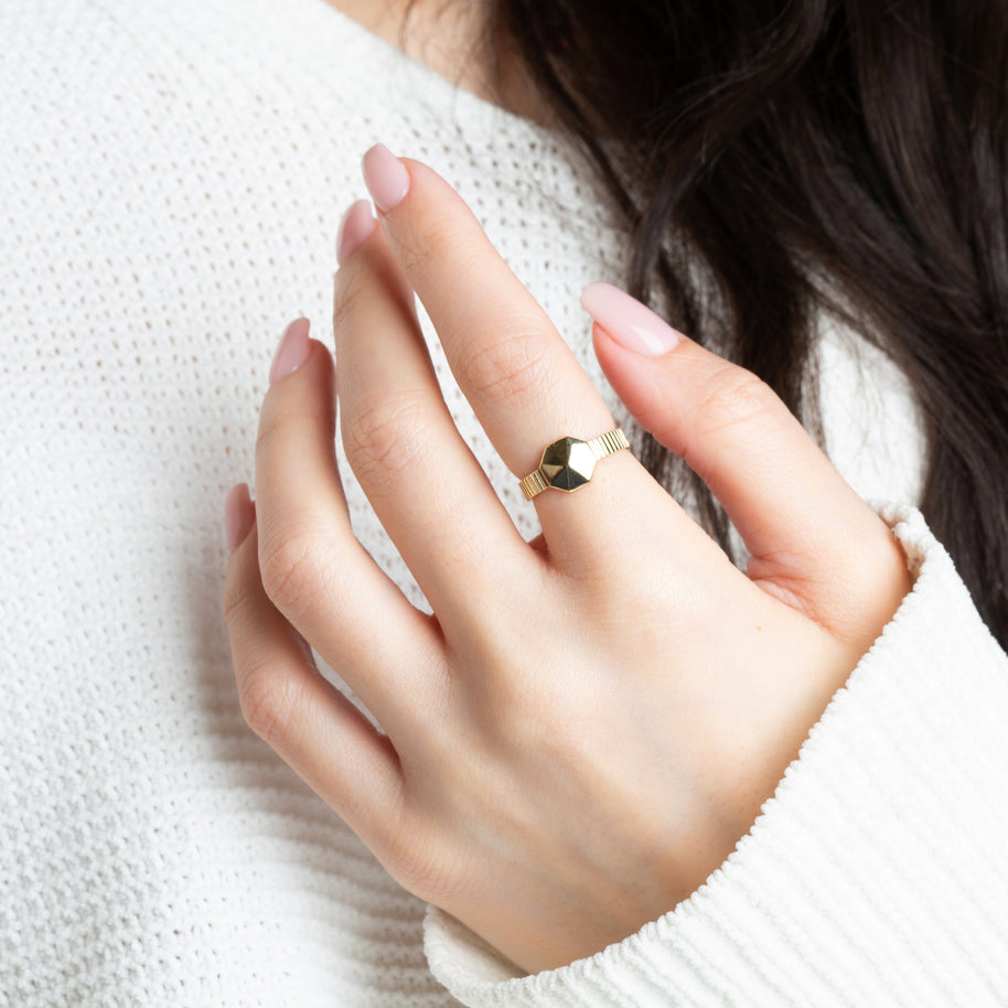 Gold Geometric Striped Band Ring (Available in Yellow/Rose/White Gold)