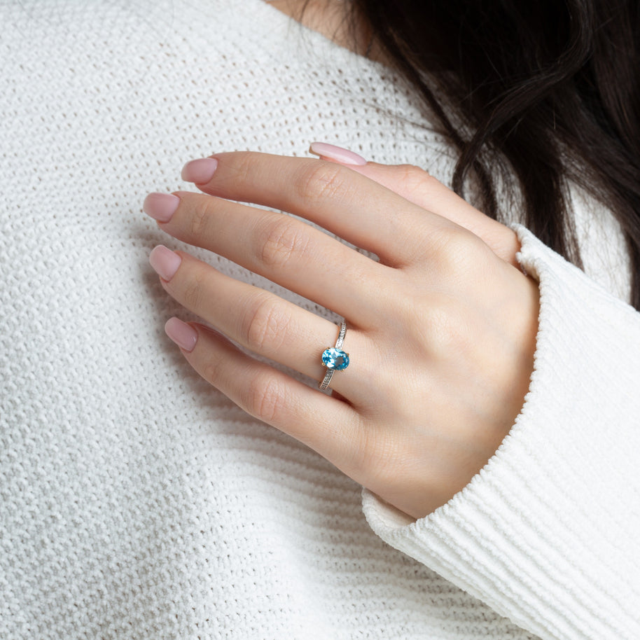 Gold Genuine Oval Gemstone Diamond Pave Band Ring (Available in Yellow/Rose/White Gold)