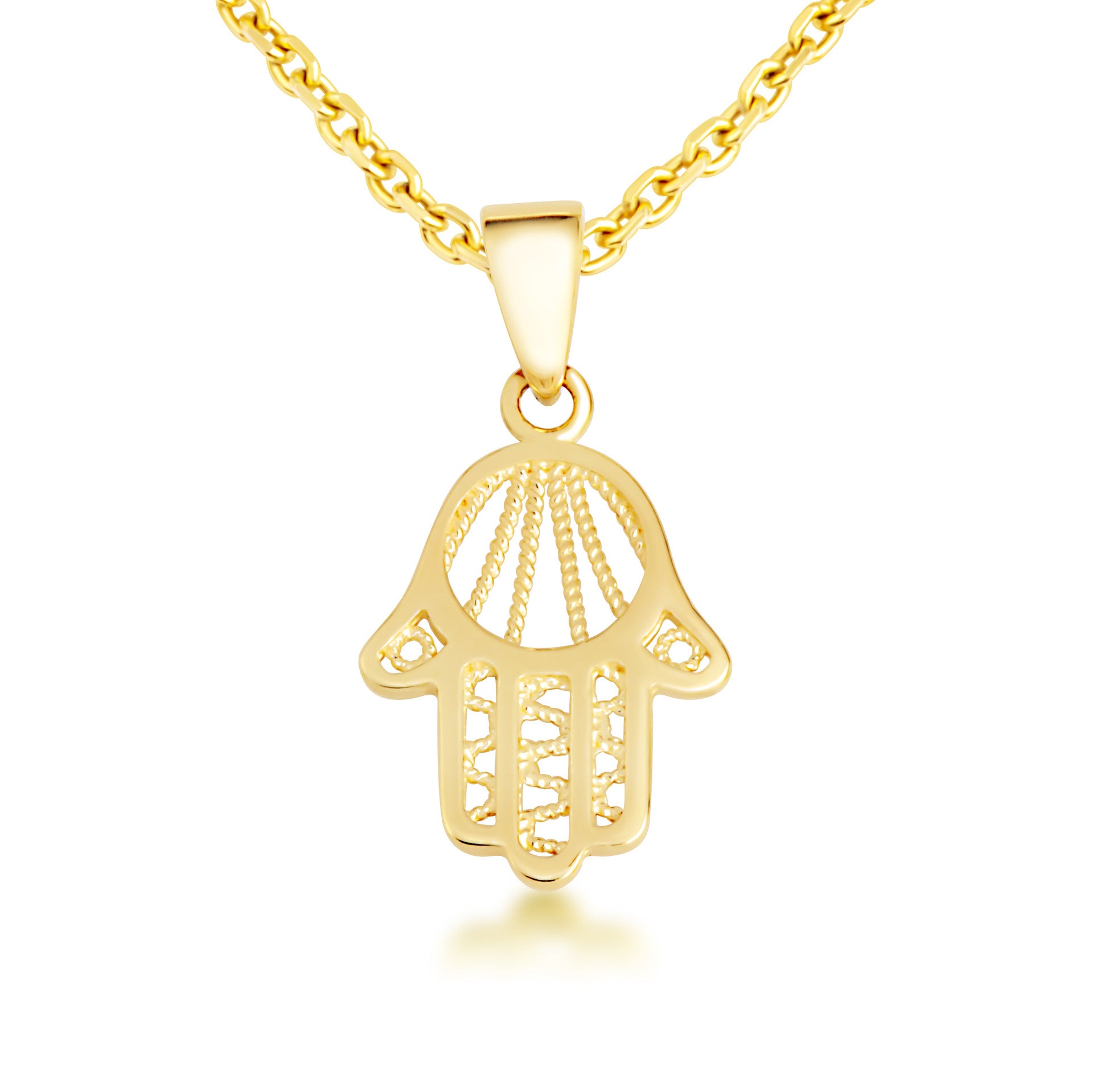 Yellow Gold Beaded Hamsa Hand Pendant Necklace