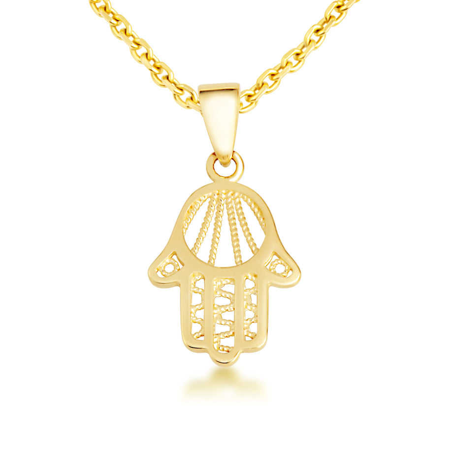 Yellow Gold Beaded Hamsa Hand Pendant Necklace