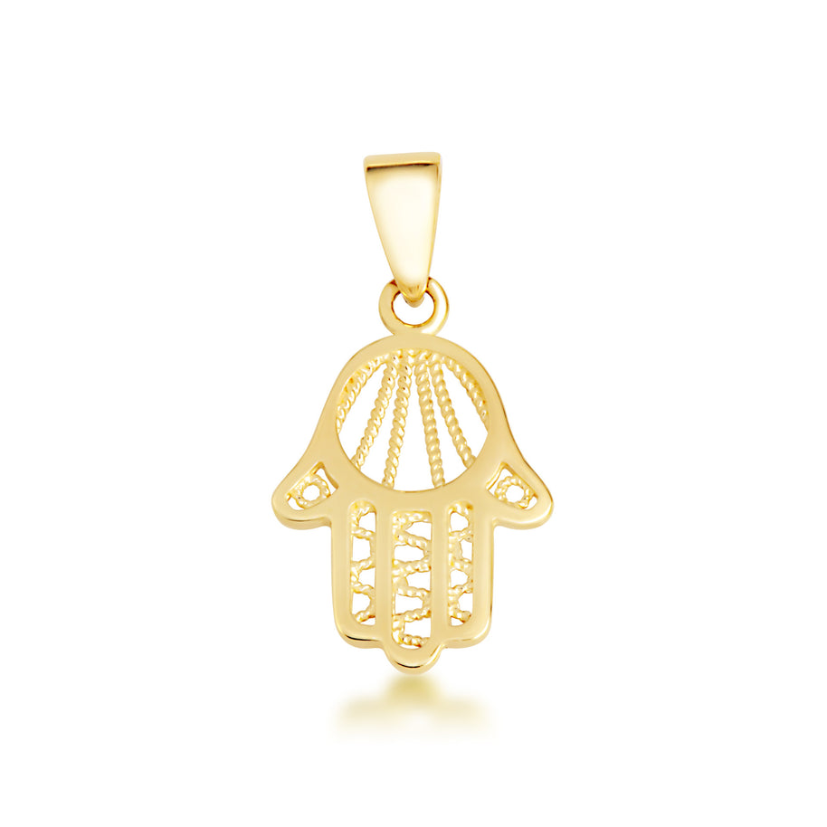 Yellow Gold Beaded Hamsa Hand Pendant Necklace