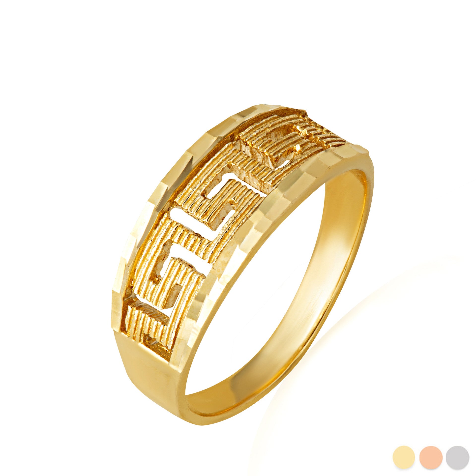 Gold Diamond Cut Greek Key Textured Ring (Available in Yellow/Rose/White Gold)