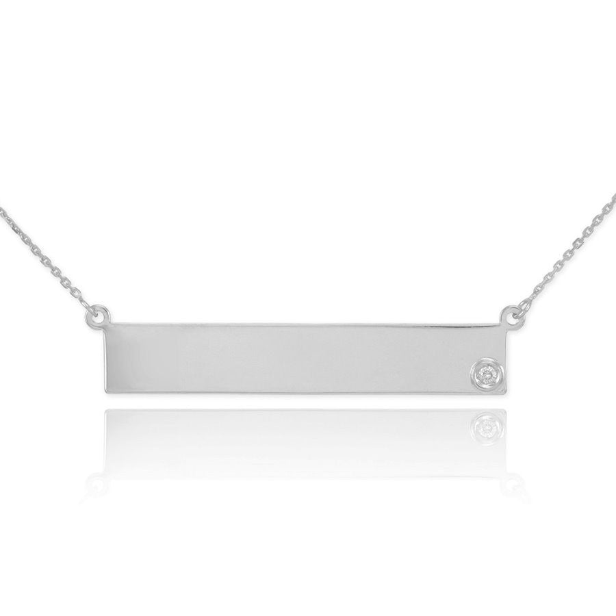 Sterling Silver Engravable Name Bar Necklace with CZ