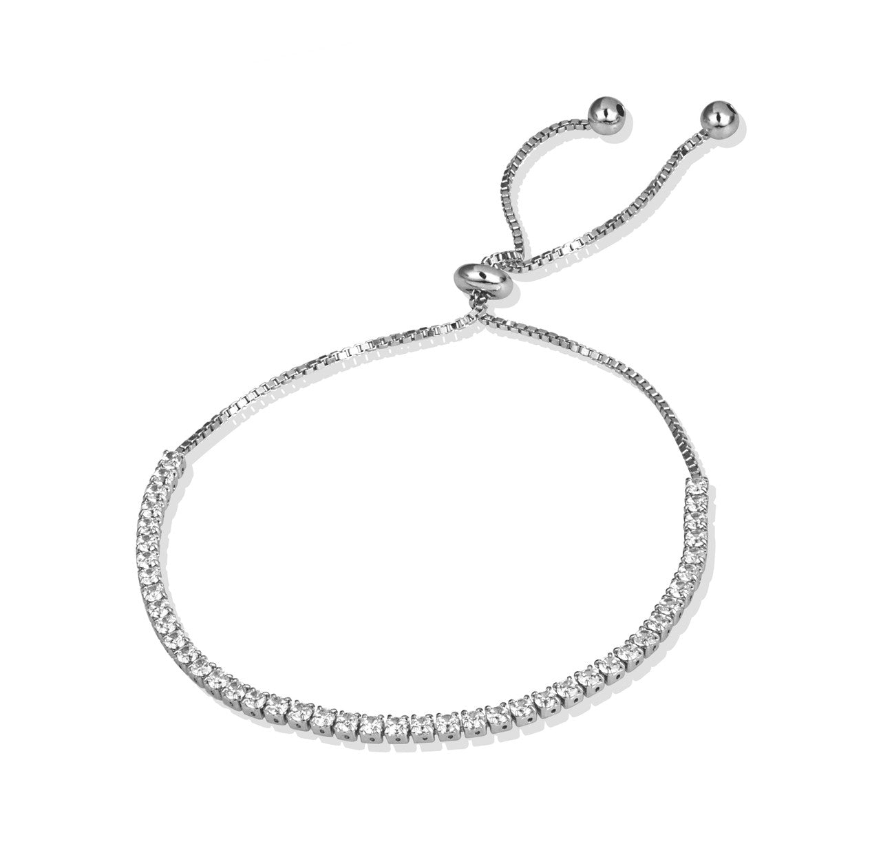 .925 Sterling Silver Adjustable CZ Studded Half Tennis Beaded Lariat Bracelet