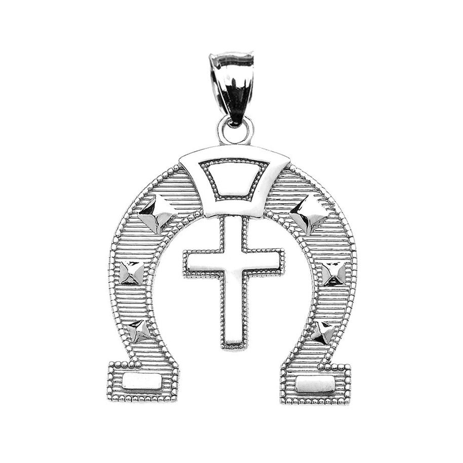 .925 Sterling Silver Striped Horseshoe Cross Milgrain Pendant Necklace