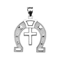 .925 Sterling Silver Striped Horseshoe Cross Milgrain Pendant Necklace