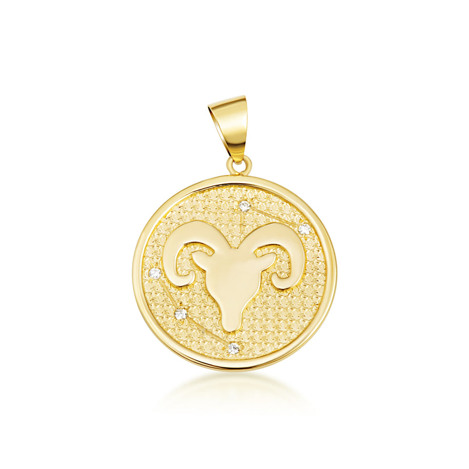 12 Astrological Gold Diamond Zodiac Disc Pendant Necklace (Available in Yellow/Rose/White Gold)