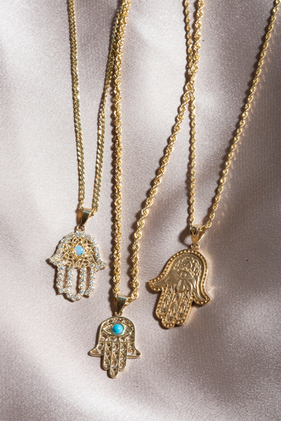 Gold Hamsa Hand With Turquoise Evil Eye Pendant Necklace(Available In Yellow/Rose/White Gold)