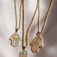 Gold Hamsa Hand With Turquoise Evil Eye Pendant Necklace(Available In Yellow/Rose/White Gold)