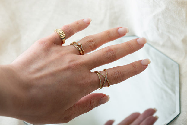 Solid Gold 3 mm Hammered Stackable Diamond Ring(Available in Yellow/Rose/White Gold)