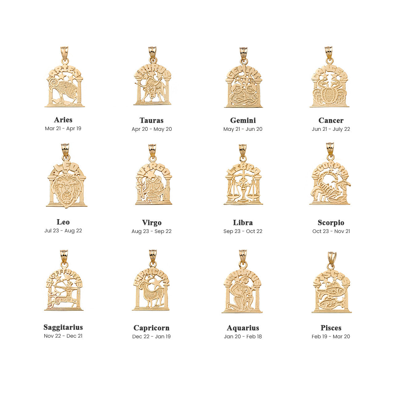 Solid Gold 12 Zodiac Signs Pendant Necklace (Available in Yellow/Rose/White Gold)
