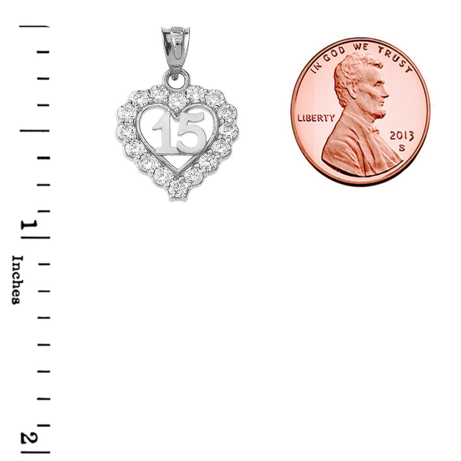 Silver 15 Años Quinceañera Heart Pendant Necklace with Cubic Zirconia