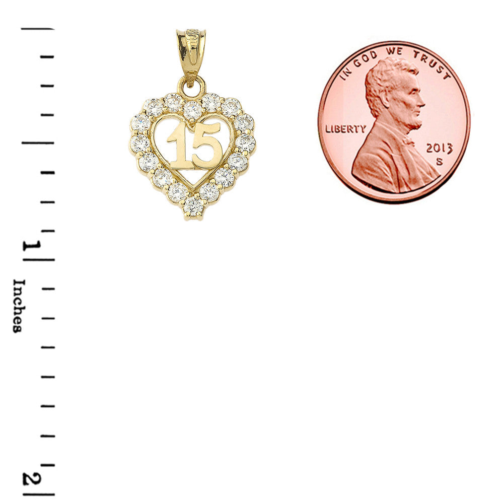Gold 15 Años Quinceañera Heart Pendant Necklace with Cubic Zirconia (Available in Yellow Gold, Rose Gold, White Gold)