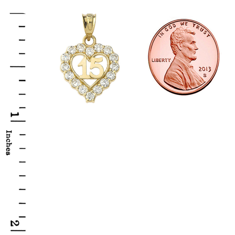 Gold 15 Años Quinceañera Heart Pendant Necklace with Cubic Zirconia (Available in Yellow Gold, Rose Gold, White Gold)