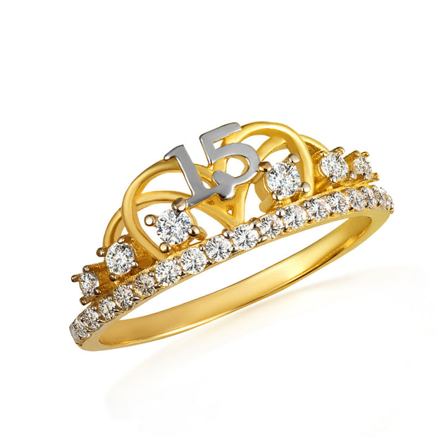 Two-Tone Gold Cubic Zirconia Wavy Crown 15 Años Quinceañera Tiara Ring