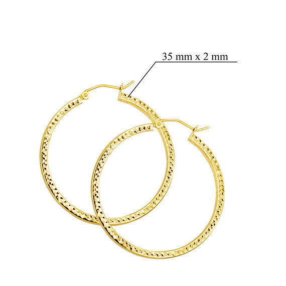 14K Yellow Gold Diamond Cut Hoop Textured Earrings