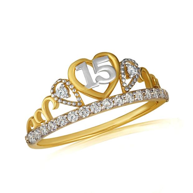 Two-Tone Gold Cubic Zirconia Crown Heart 15 Años Quinceañera Tiara Ring