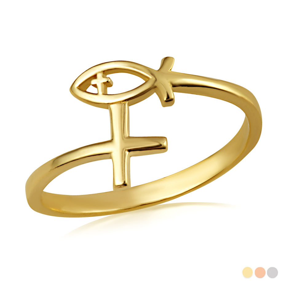 Gold Christian Ichthys Jesus Fish Cross Wraparound Band Ring (Available in Yellow/Rose/White Gold)