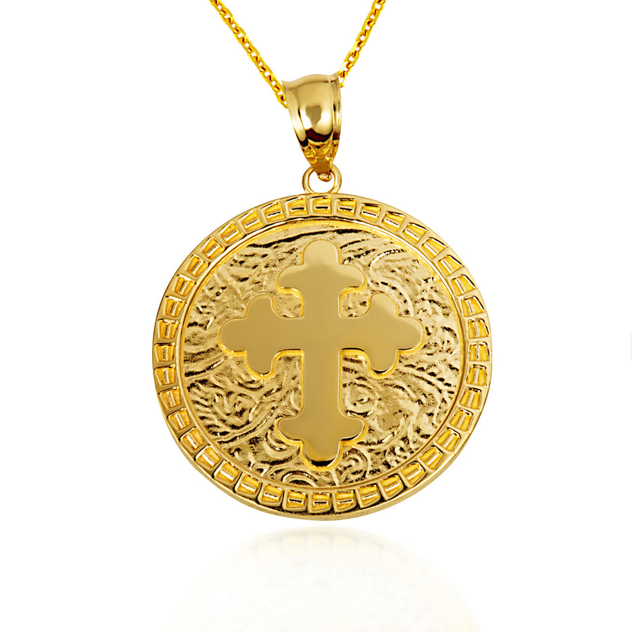 Gold Eastern Orthodox Botonée Budded Cross Medallion Pendant Necklace (Available in Small/Large & Yellow/Rose/White Gold)