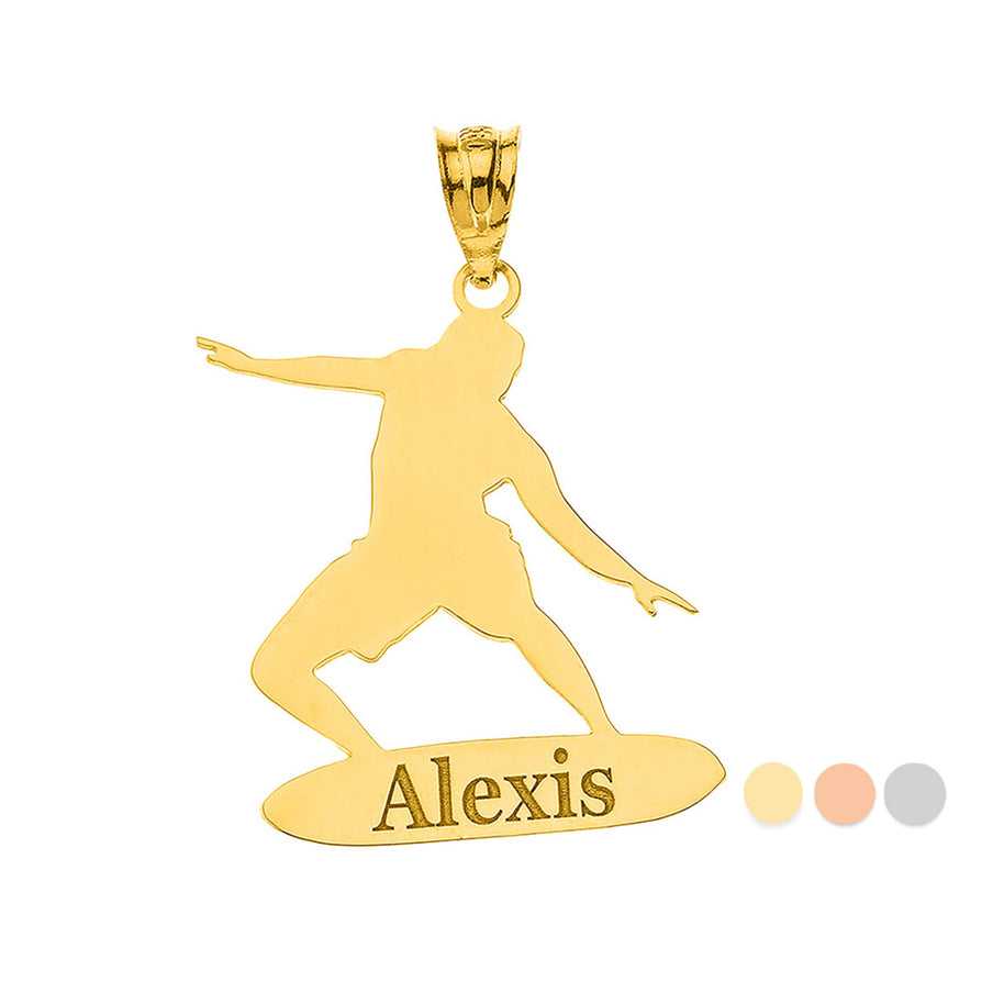 Personalized Engravable Gold Surfer Longboard Charm Necklace With Your Name(Yellow/Rose/White)