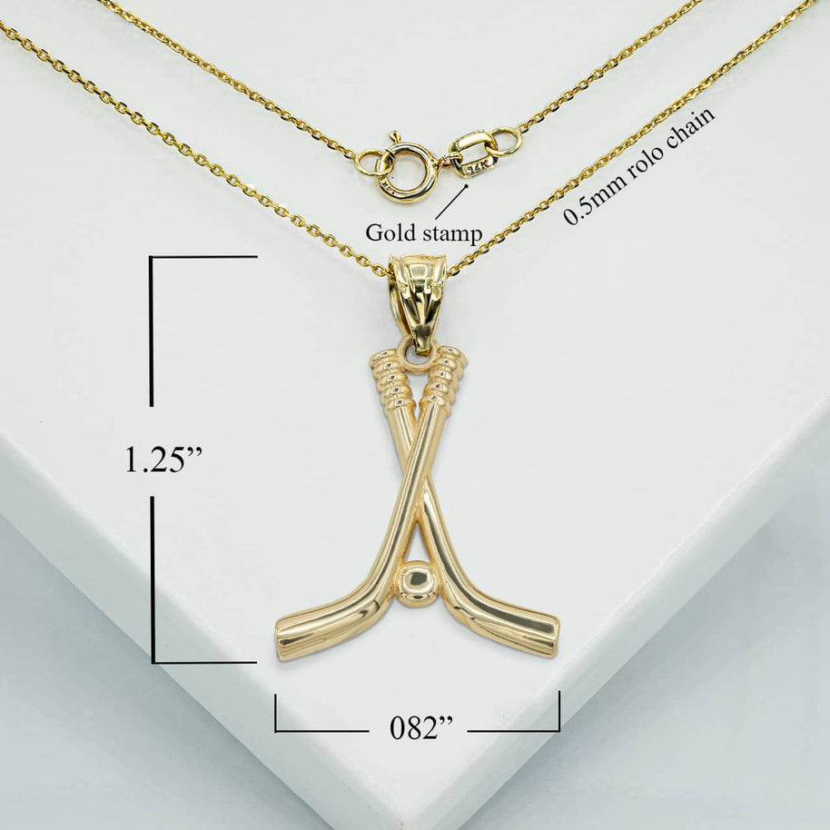 Gold Hockey Sticks and Puck Sports Pendant Necklace Large (Available in Yellow/Rose/White Gold)