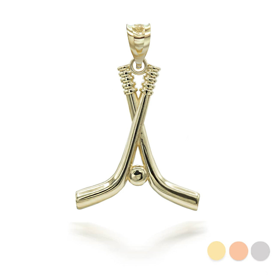 Gold Hockey Sticks and Puck Sports Pendant Necklace Large (Available in Yellow/Rose/White Gold)
