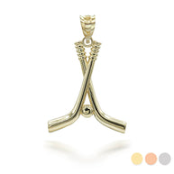 Gold Hockey Sticks and Puck Sports Pendant Necklace Large (Available in Yellow/Rose/White Gold)