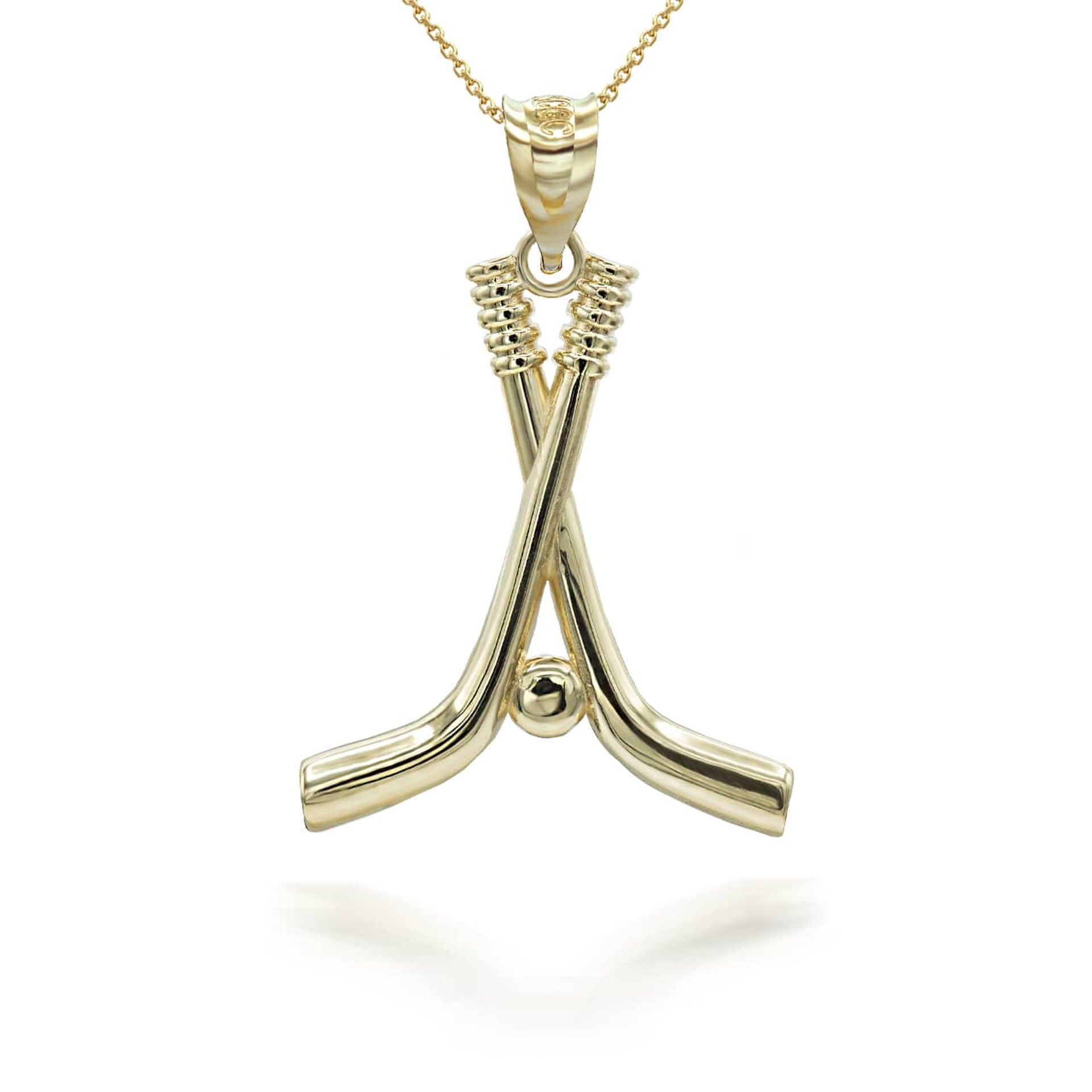 Gold Hockey Sticks and Puck Sports Pendant Necklace Large (Available in Yellow/Rose/White Gold)